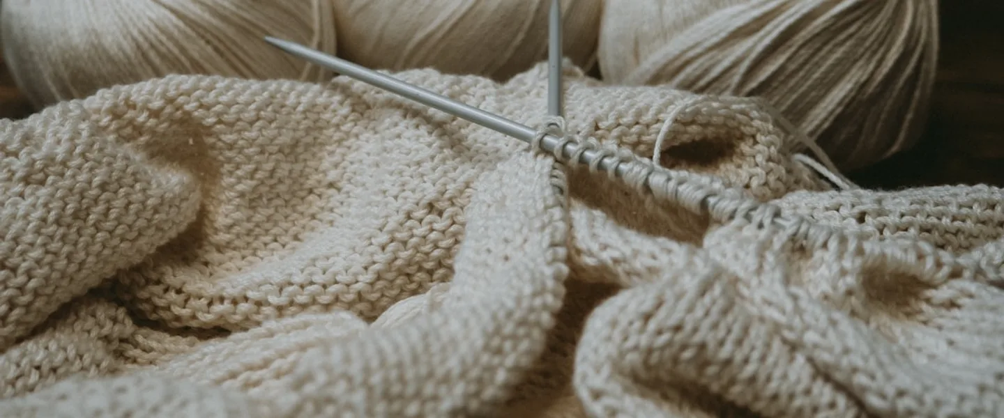 Close-up of folded knit sweaters in warm neutral tones