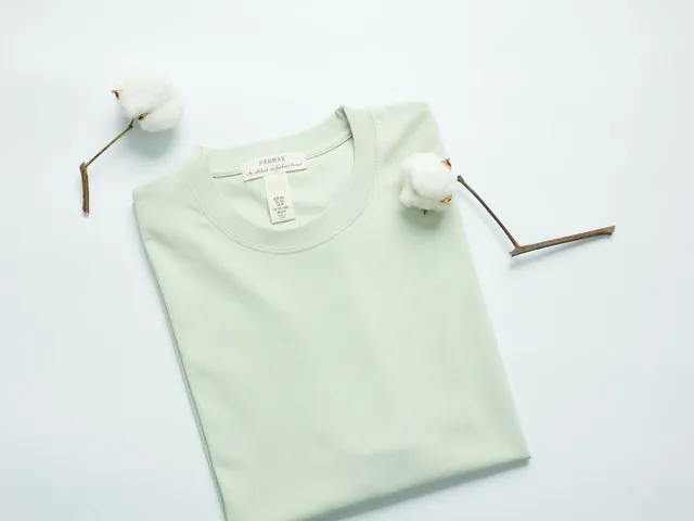 Flat lay of a mint green knit t-shirt with cotton stems