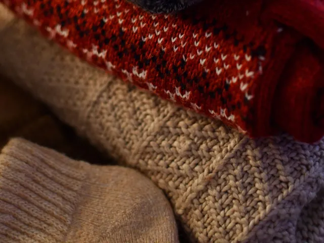 Close-up stack of winter knit sweaters